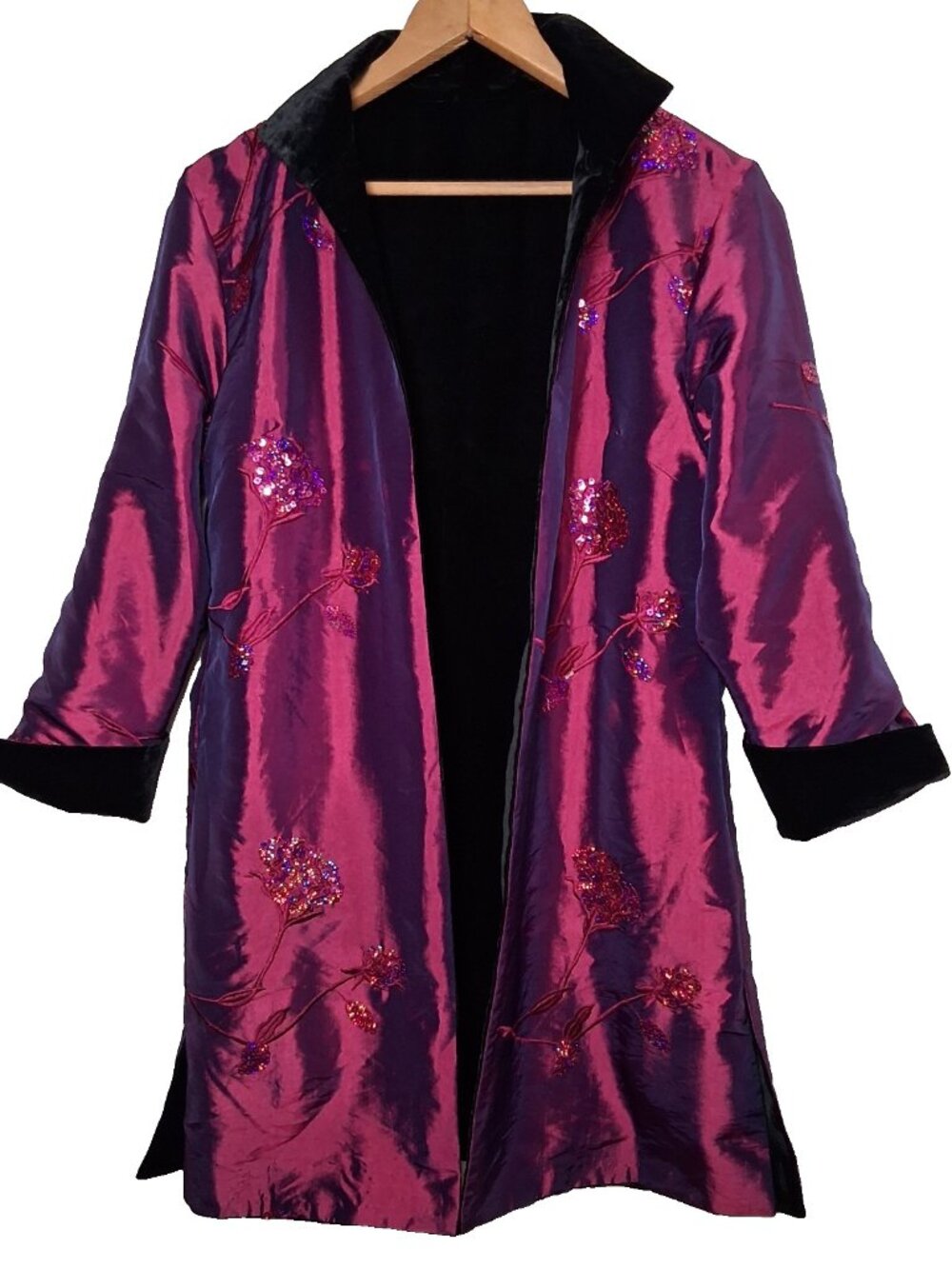 Grace Chuang Jacket M Reversible Burgundy Silk Black Velvet Sequins Embroidered